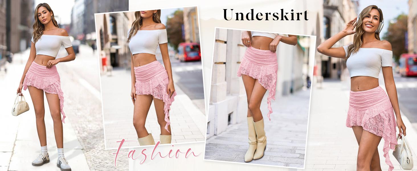 Women Y2K Lace Mini Skirt Low Rise Pleated Ruffle Short Layered Flowy Asymmetrical Fairy Half Slip Soft Breathable Stretchy Comfortable