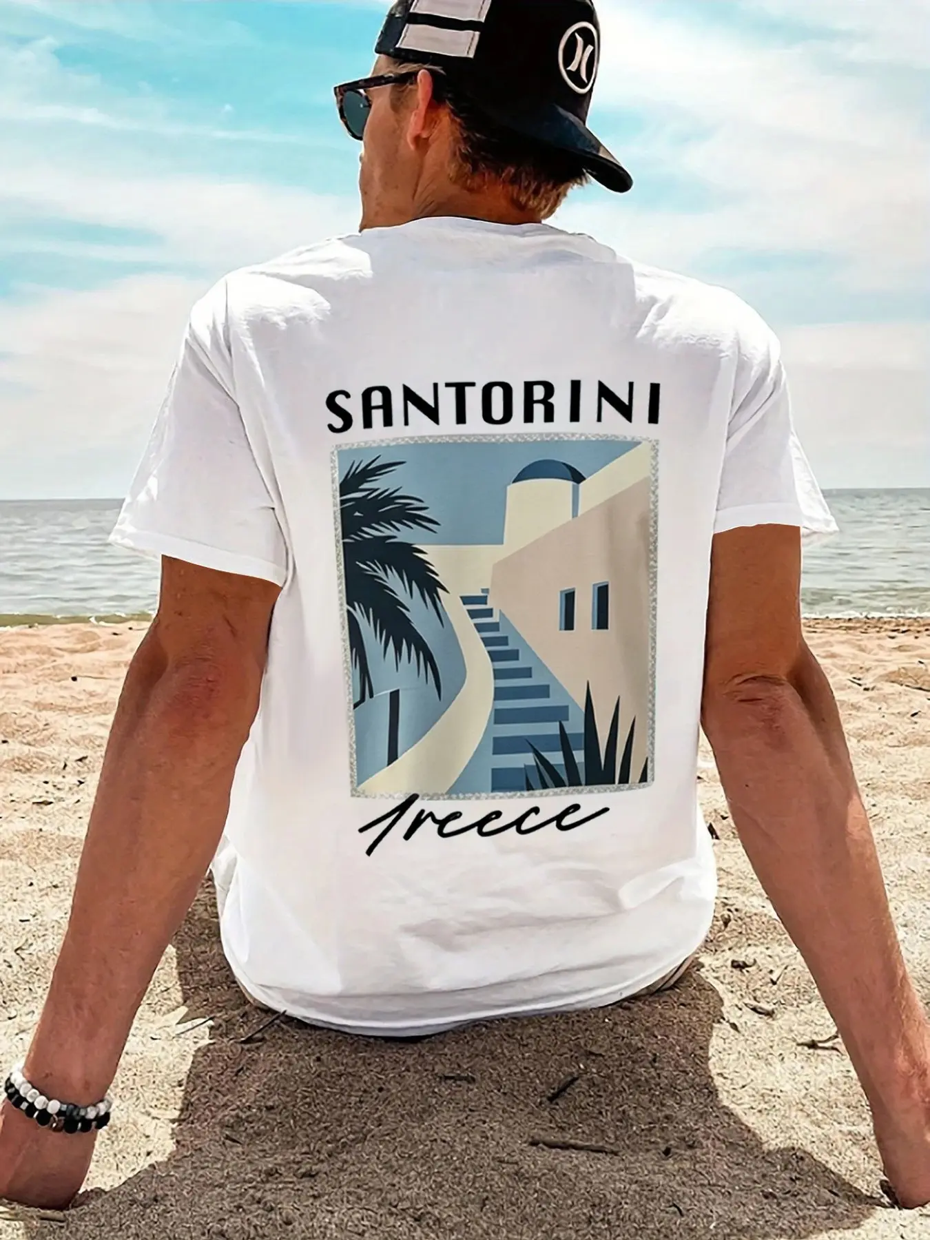 Saint Tropez Greek Island Print Short Sleeve T-Shirt, Mediterranean Vacation Style, Lightweight Breathable, Men's Beach Top