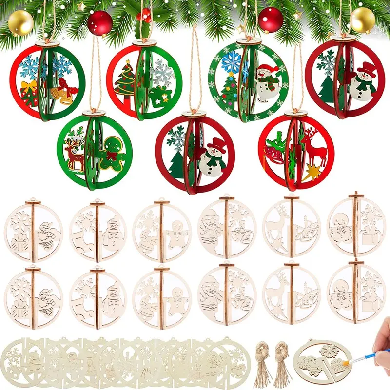 24counts/12sets Christmas 3D Wooden Hollow Ball DIY Ornament Set, 6 Styles Intricate Cutout Pre-Cut Components, Glue-Free Snap-On Interlocking Craft, Blank Natural Wood Surface for Custom Coloring, Perfect for Christmas Tree Decor
