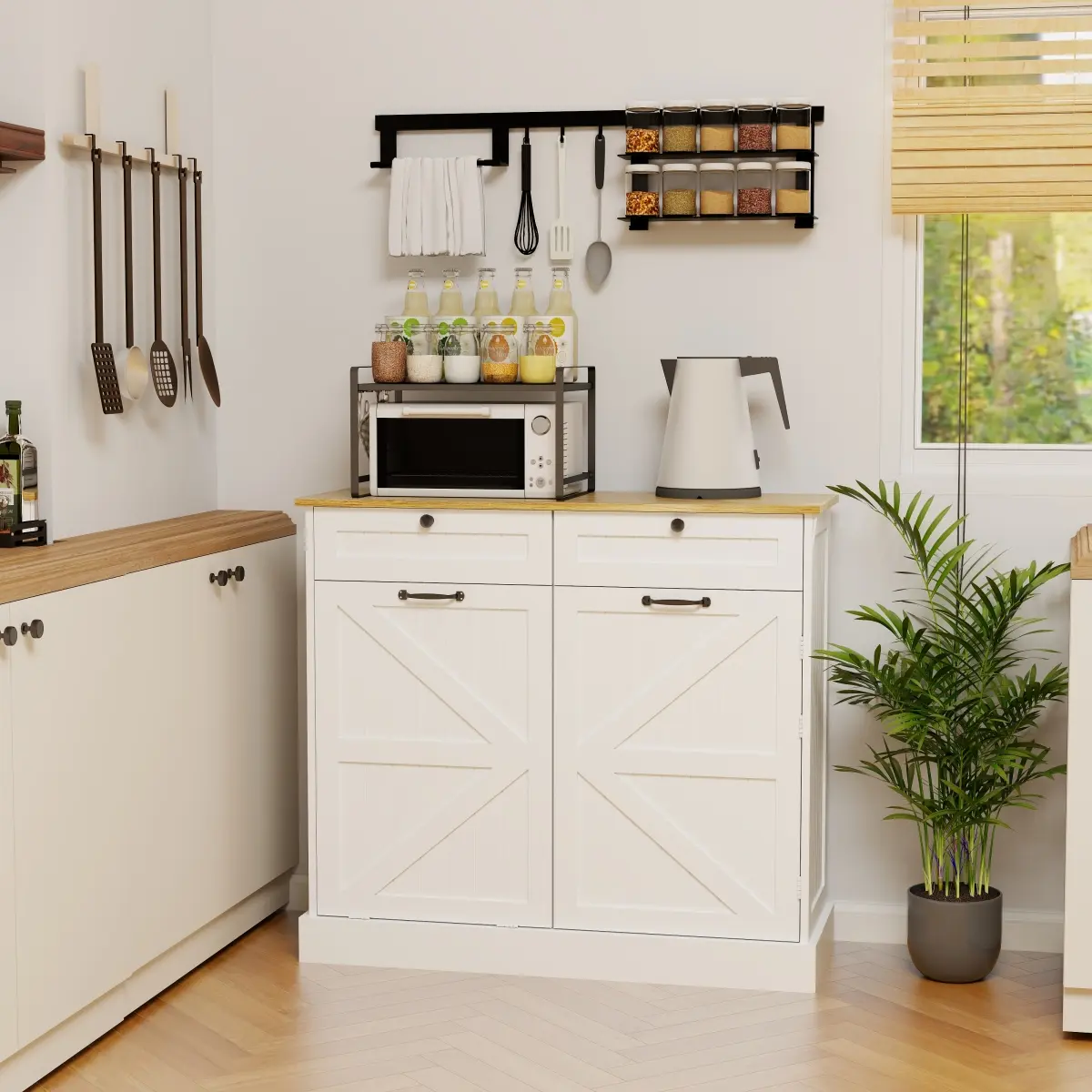 White E1 MDF Kitchen Trash Cabinet with UV Paint Finish, Tilt-Out 10 Gallon Waste Bin Compartment, Drawers & 3-Tier Storage Shelves, Anti-Tip Multipurpose Storage Cabinet for Kitchen Laundry Room