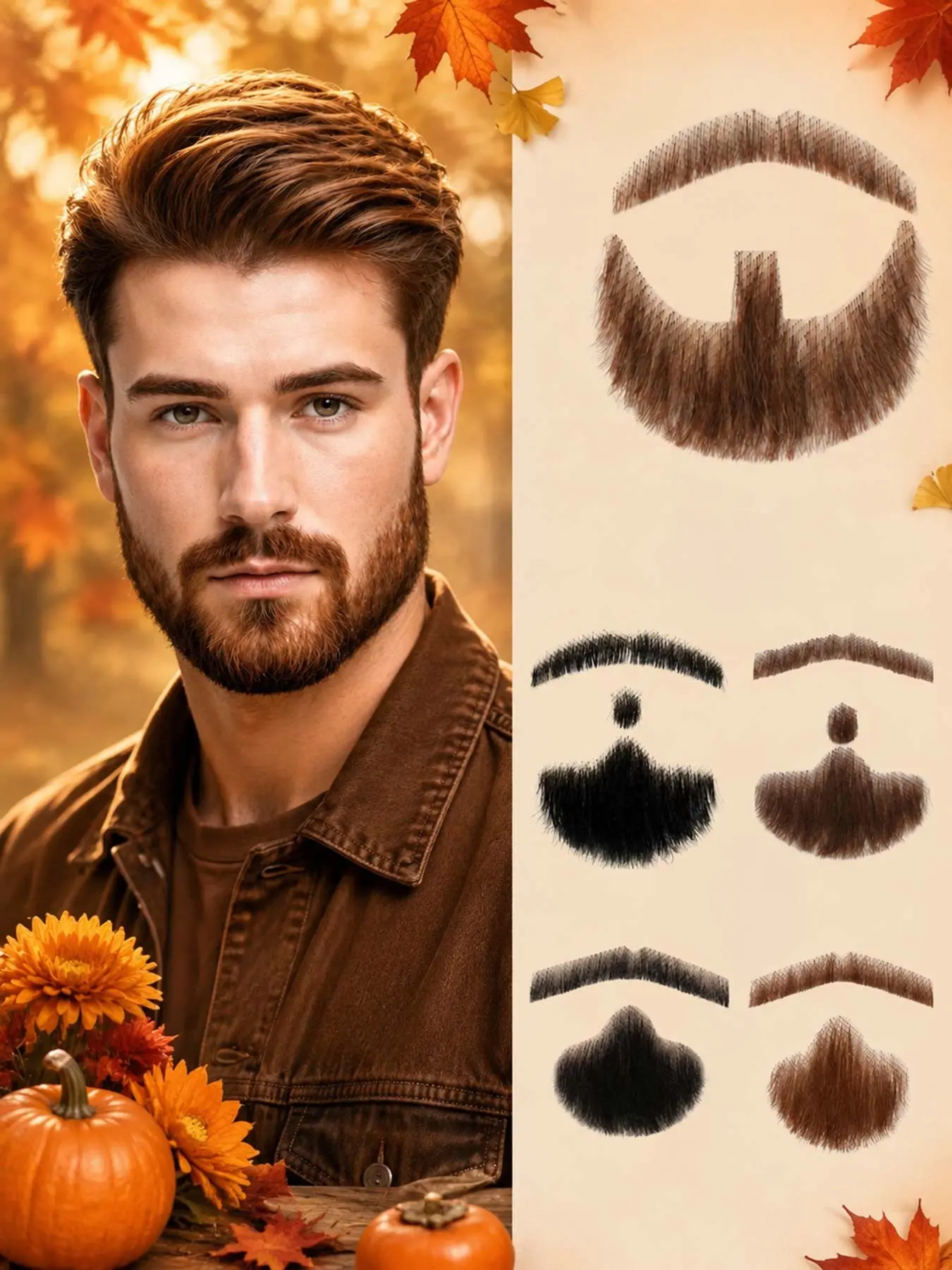 Fake Beard and Mustache for Men, 100% Human Hair Hand-Tied Goatee | Realistic-Looking Facial Hair with Invisible Lace for Halloween, Cosplay, Costume & Stage Performance, Film Dressing Men Makeup- Full Set Natural Black & Brown 2 Colors