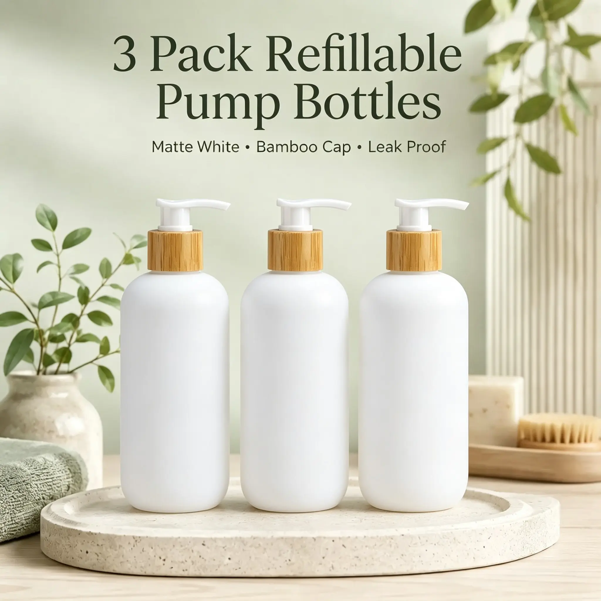 3pcs 300ML Reusable Plastic Soap Dispenser, Frosted, Bamboo Wood Lid, Leak-Proof, Bathroom, Kitchen, Travel, Home Use