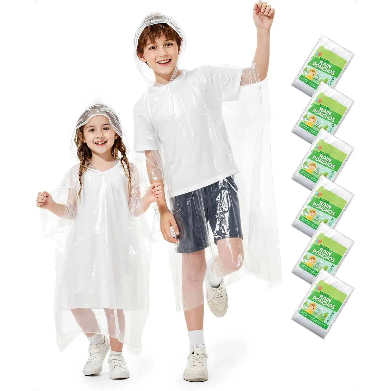 Rain Ponchos Family Pack Kids– 6/12/24 Pack Disposable Poncho with Hood, Clear & Assorted Colors, Home Survival Kits