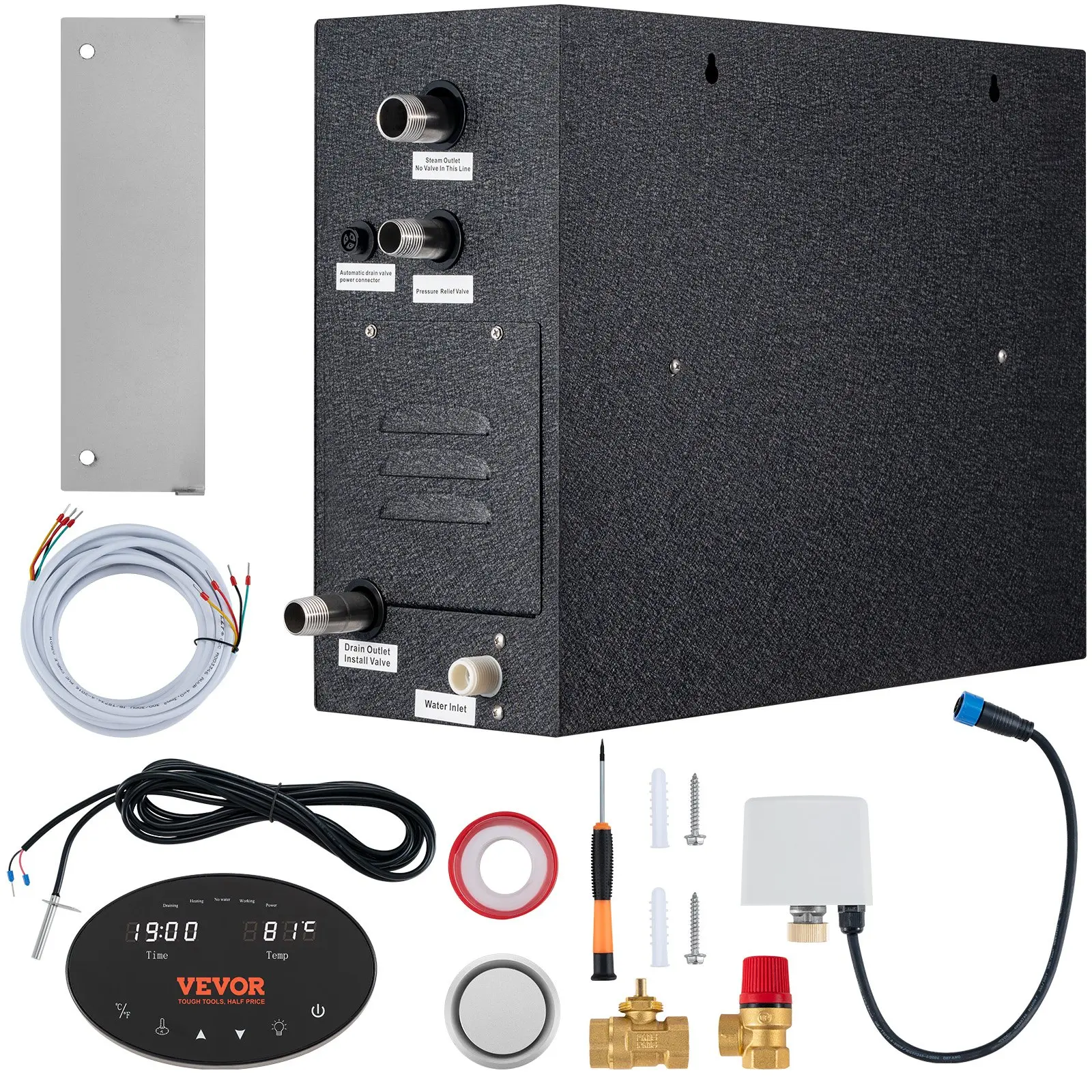 12KW Steam Shower Generator, Segmented Heating Temperature Customization 24h Timer Steam Kit, Automatic Drainage Home Steam Shower System Tested to UL Standards