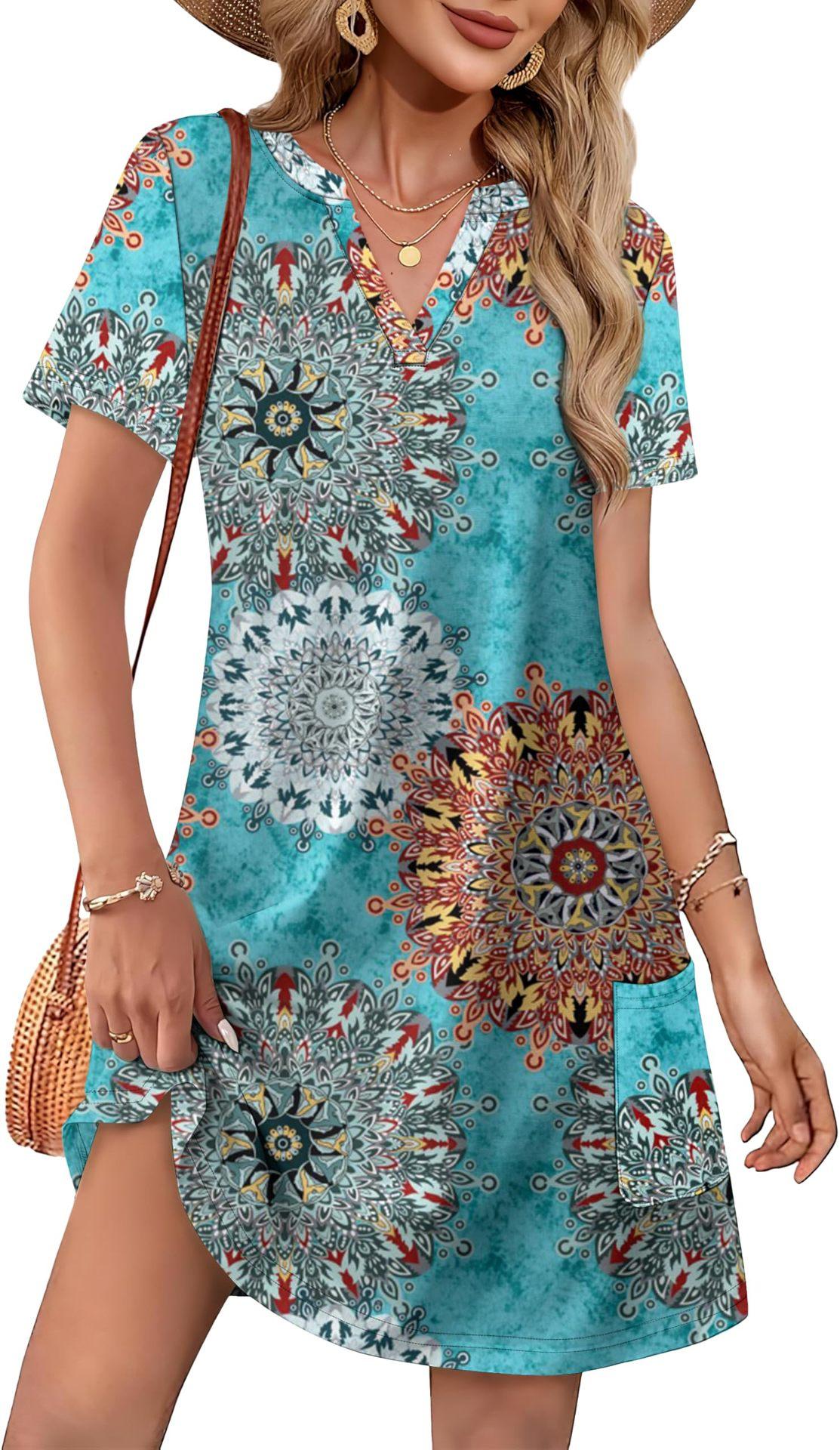 2026 New Summer Casual V-neck Loose Short Sleeve Fashion Beach Holiday Dress