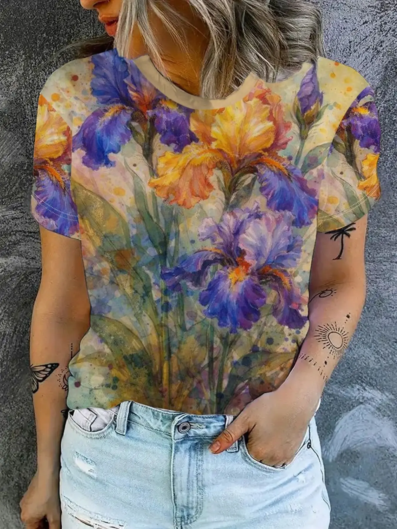 Women's Floral Print Short Sleeve T-Shirt, Summer Fashion Casual Top, Multicolor Flower Design, Trendy Ladies' Clothing, Casual Trendy Tee, Piece