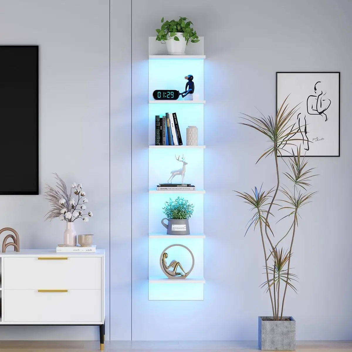 6-Tier Wall Shelf with RGB LED, 57" Floating Storage, White| RGB 16 Million Colors, 22 Modes, 6 Brightness.Waterproof Particleboard.Each Tier Holds 10 Lbs.Wall-mounted.For Bedroom
