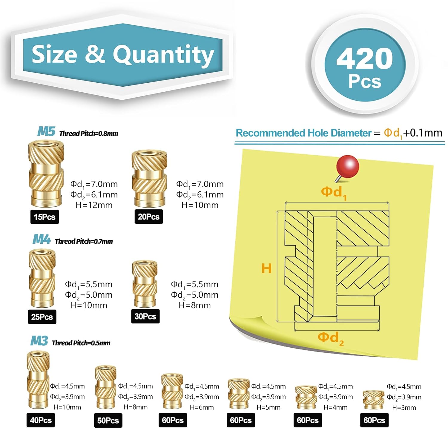 420 count M3 M4 M5 Threaded Inserts Assortment Kit for 3D Printing Components, Metric Brass Knurled Nuts, Insert by Heat into Plastic Parts