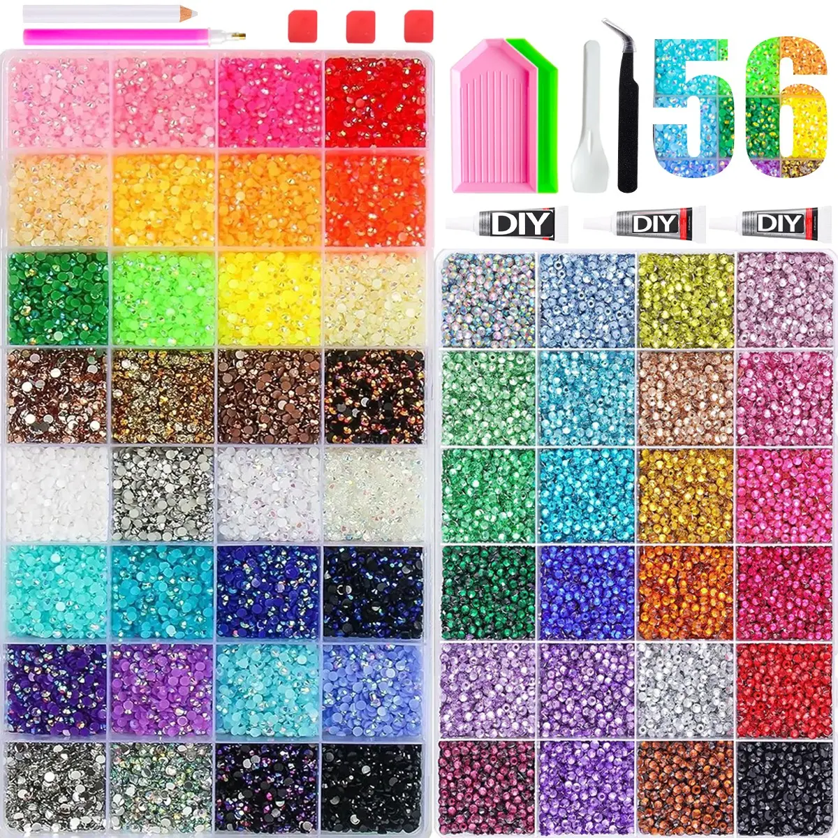 56 Colors Assorted Rhinestone Complete Set with Adhesive & Tools, Flatback Crystal Gems for Manicure & Handmade DIY Craft，Jelly Glass Nail Art Rhinestones Gift Box, DIY Craft Kit with Glue and Pliers, Ideal for Clothing, Cups, Shoes, Fabric, Nails
