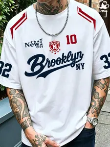Men's Casual Short Sleeve T-Shirt, Brooklyn Script Letter and Number Badge Print, Cotton Fabric, Ideal for Daily Wear, Perfect for Leisure Settings