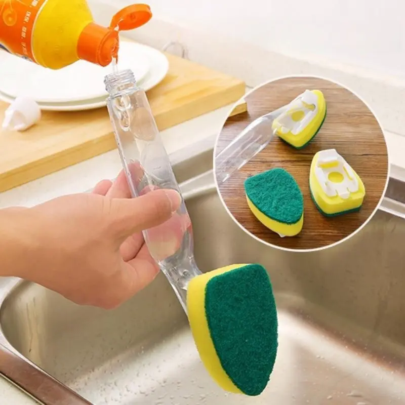 3pcs/set Dishwashing sponge magic cleaner, kitchen brush, pot brush, bowl brush artifact, thickened plastic sponge brush with handle 2pcs Sponges + 1pc Handle