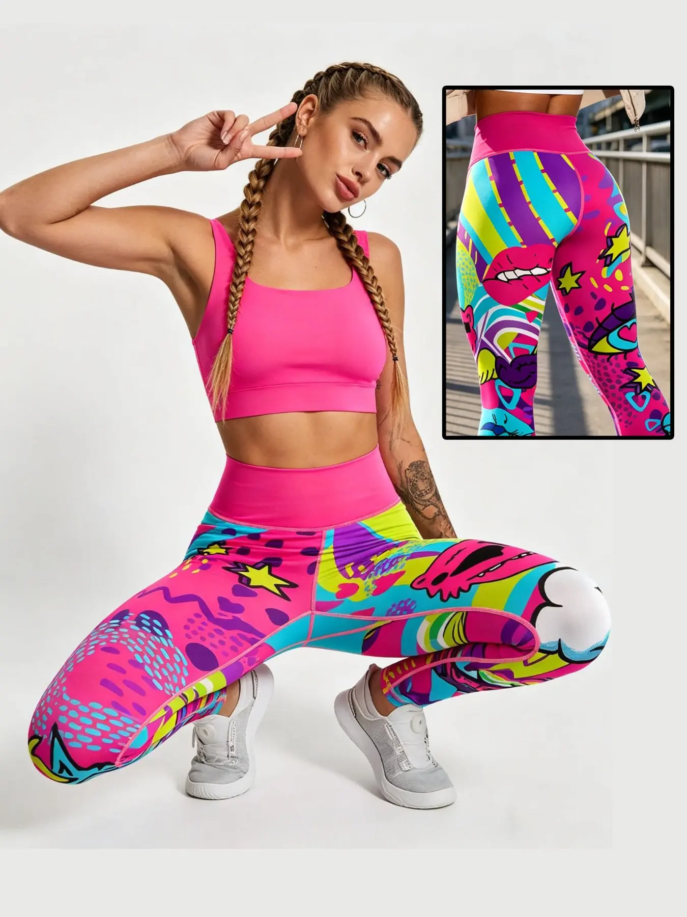 Colourful graffiti-print trousers featuring a cartoon bear – high-saturation, quirky, cute and vibrant women’s trousers. Perfect for parties, outings, travel and everyday wear; high-stretch, high-waisted, cool and breathable sports trousers.