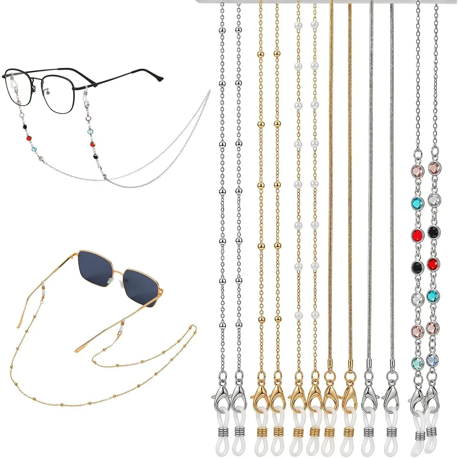 6 count Beaded Eyeglass Chains for Women, Fashion Alloy &  | Glasses Strap Holder Around , Lightweight Anti-Slip Eyewear Lanyard Retainer for Sunglasses, Reading Glasses & Mask