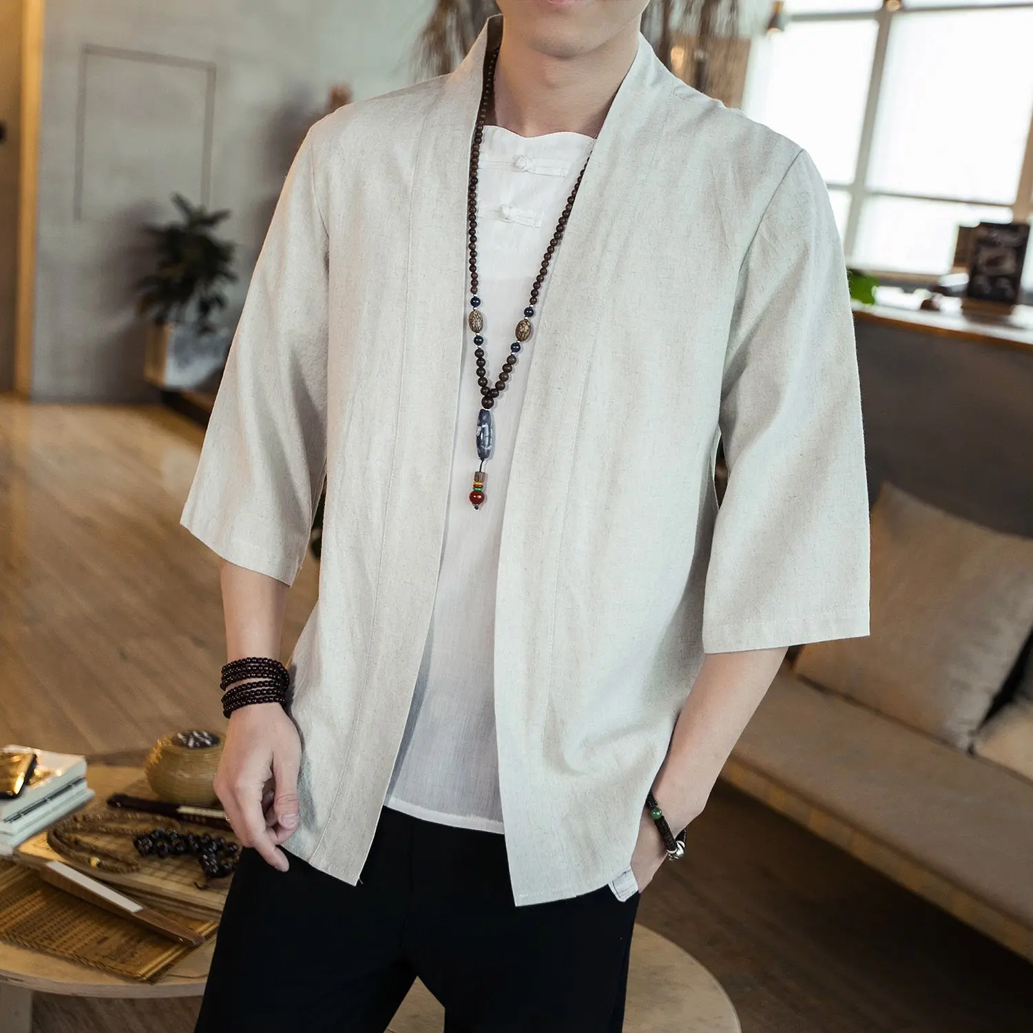 Men's Chinese Style Hanfu Shirt Cotton Linen Solid Seven Sleeve Cardigan Fashion Cultural Top, Piece, EverydayWear, ModernStyle, EssentialBasics, AllDayWear, UrbanStyle, AllDayComfort