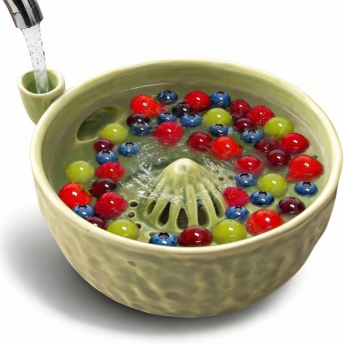 Ceramic Berry Washing and Swirling Bowl with Water Spout, Glazed Pottery Berry Cleaner StrainerDecorative Fruit Colander & Serving Bowl for Blueberries, Strawberries, Grapes, Spinner Bowl