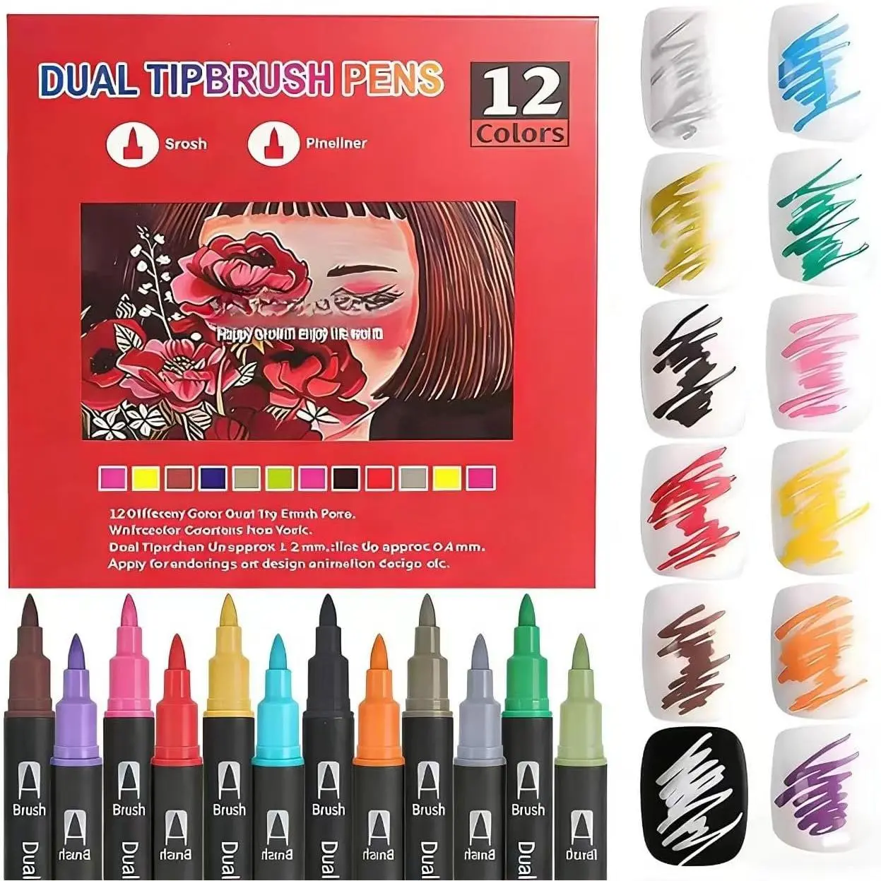 12-Color No-Bleeding Gel Tip Markers Set with Fine & Brush Tips - Artistic Fun Office Stationery for Adult Coloring Books, Rock Painting, Calligraphy