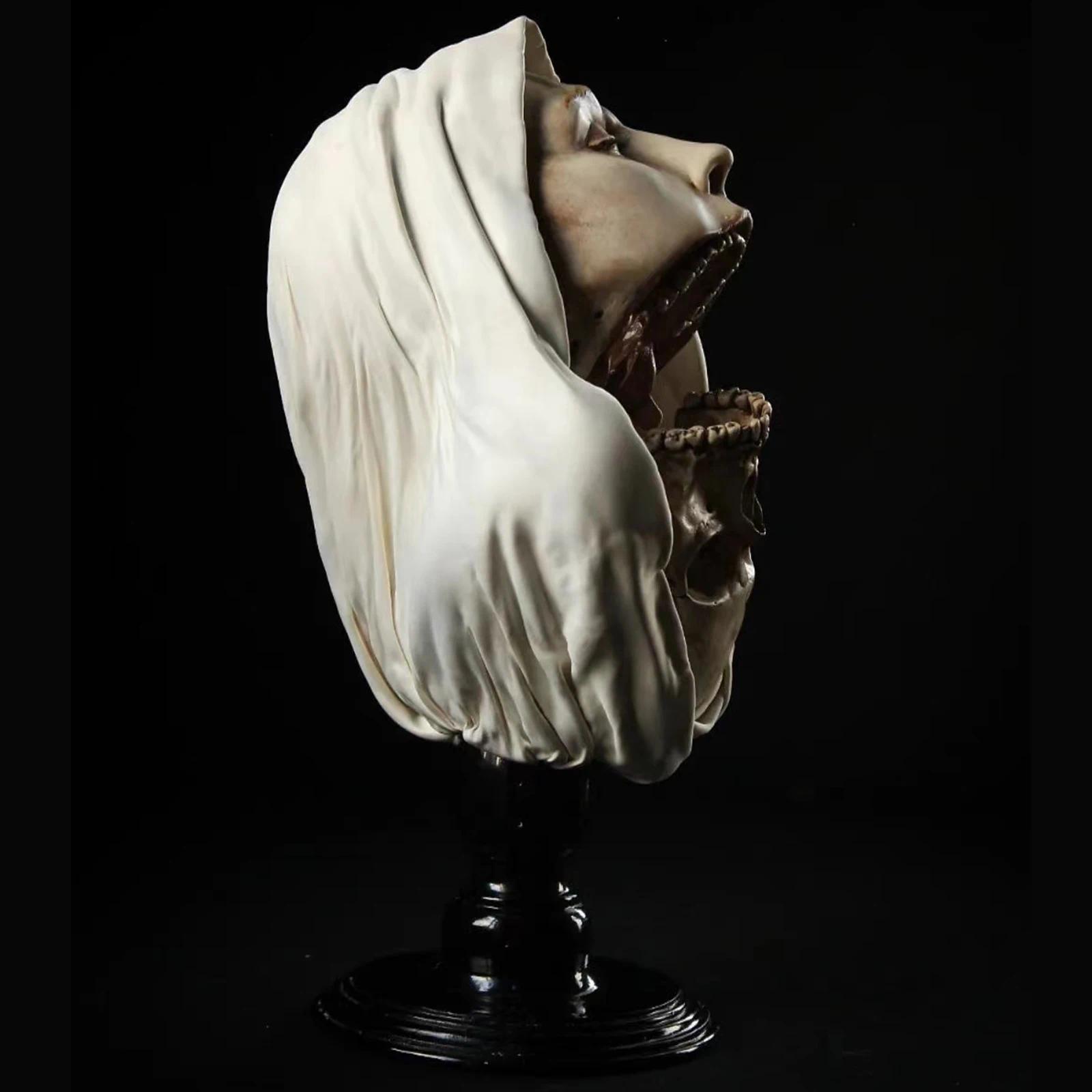 Creepy Nun Resin Statue Halloween Skull Transfiguration Sculpture for Home Decor Unique Artistic Horror Figure Desktop Ornament