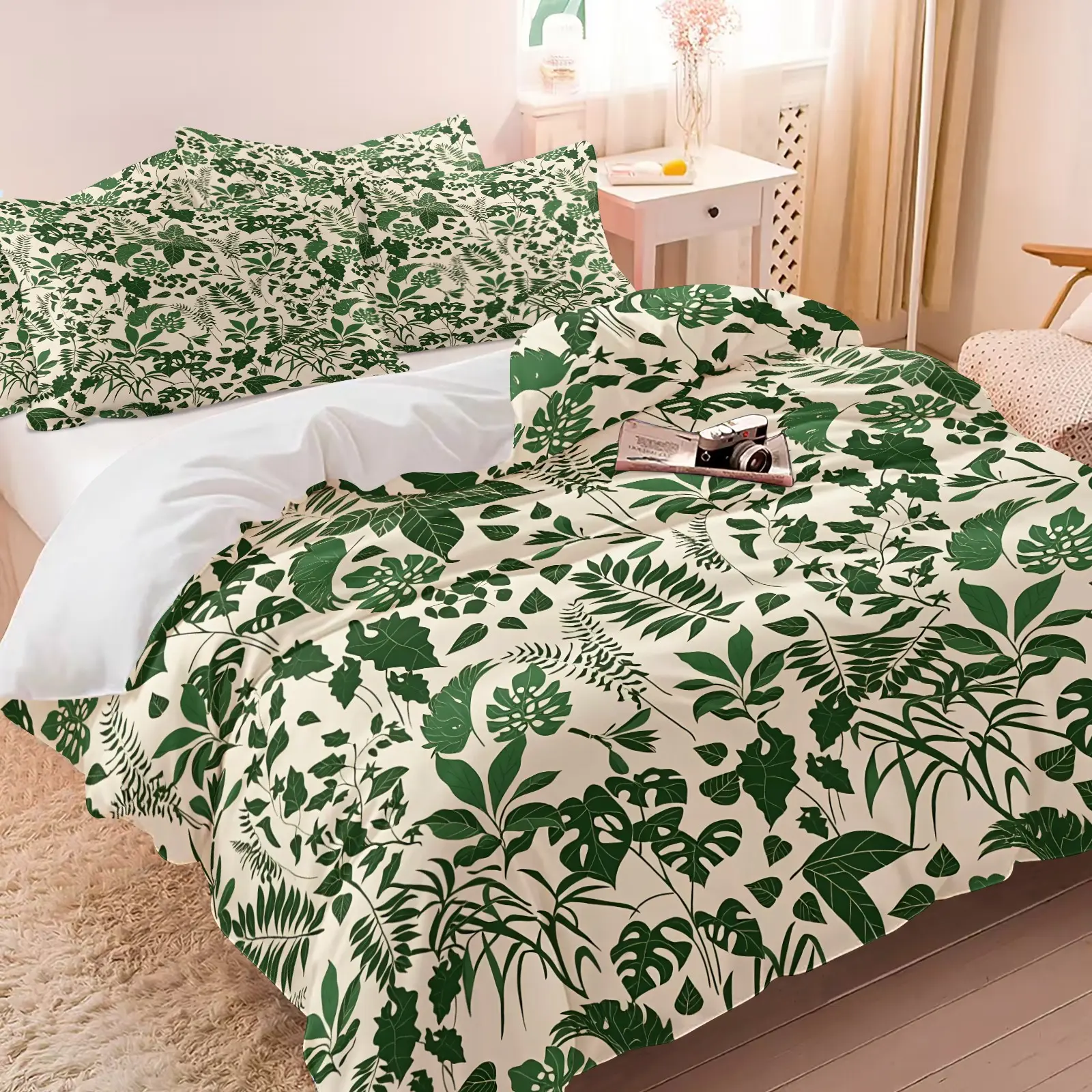 Tropical Green Leaf Monstera Print Duvet Cover Set, Including 1 Duvet Cover & 1-2 Coreless Pillowcase, Botanical Jungle Palm Fern Foliage Pattern Print, Gift for Kids, Teens and Adults, Nature Decor Gift for Plant Enthusiasts
