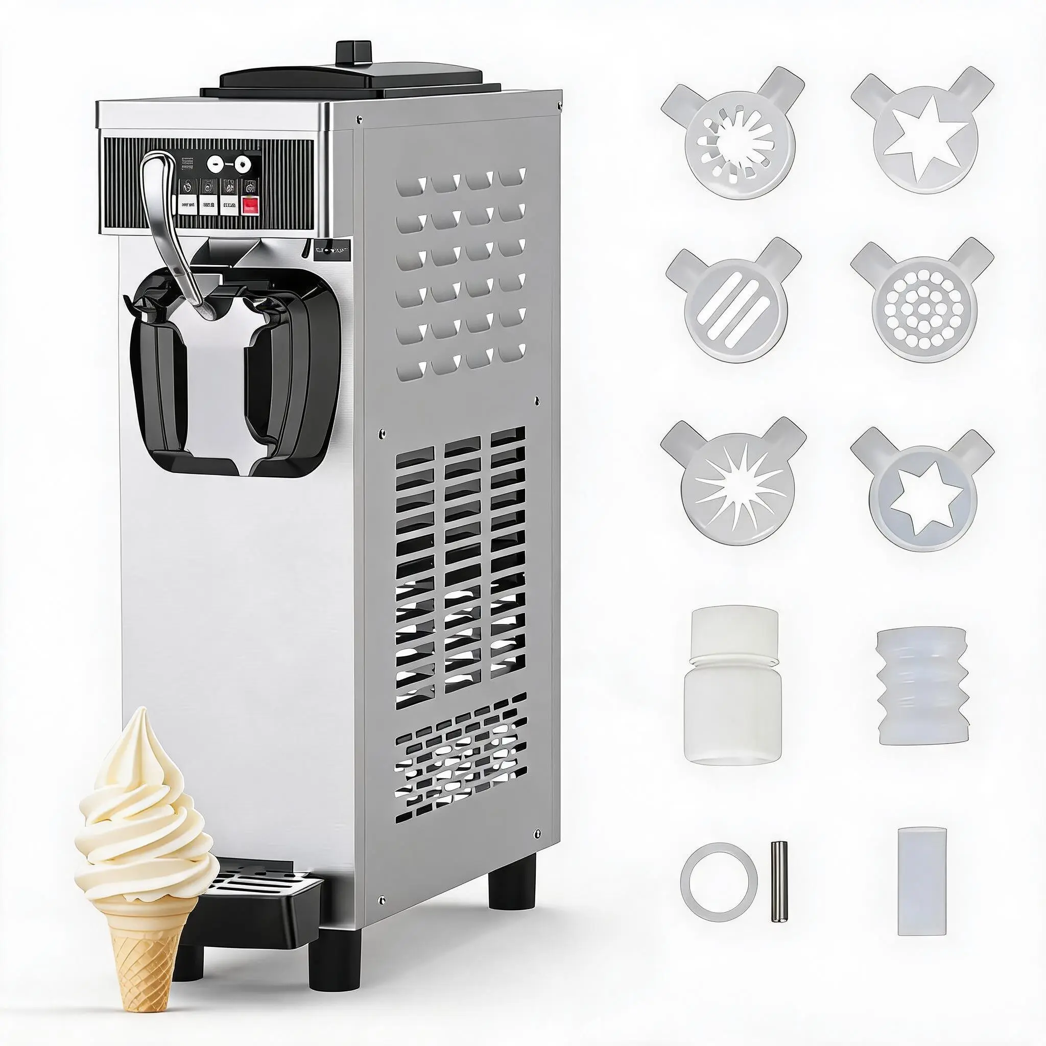 Commercial Ice Cream Maker Machine for home, 4.7-5.8Gal/H Soft Serve Machine, 1200W Single Frozen Yogurt Ice Cream Mixing Machine with 7L Hoppers &1.8L Cylinders for Parties, Restaurants, Snack Bars