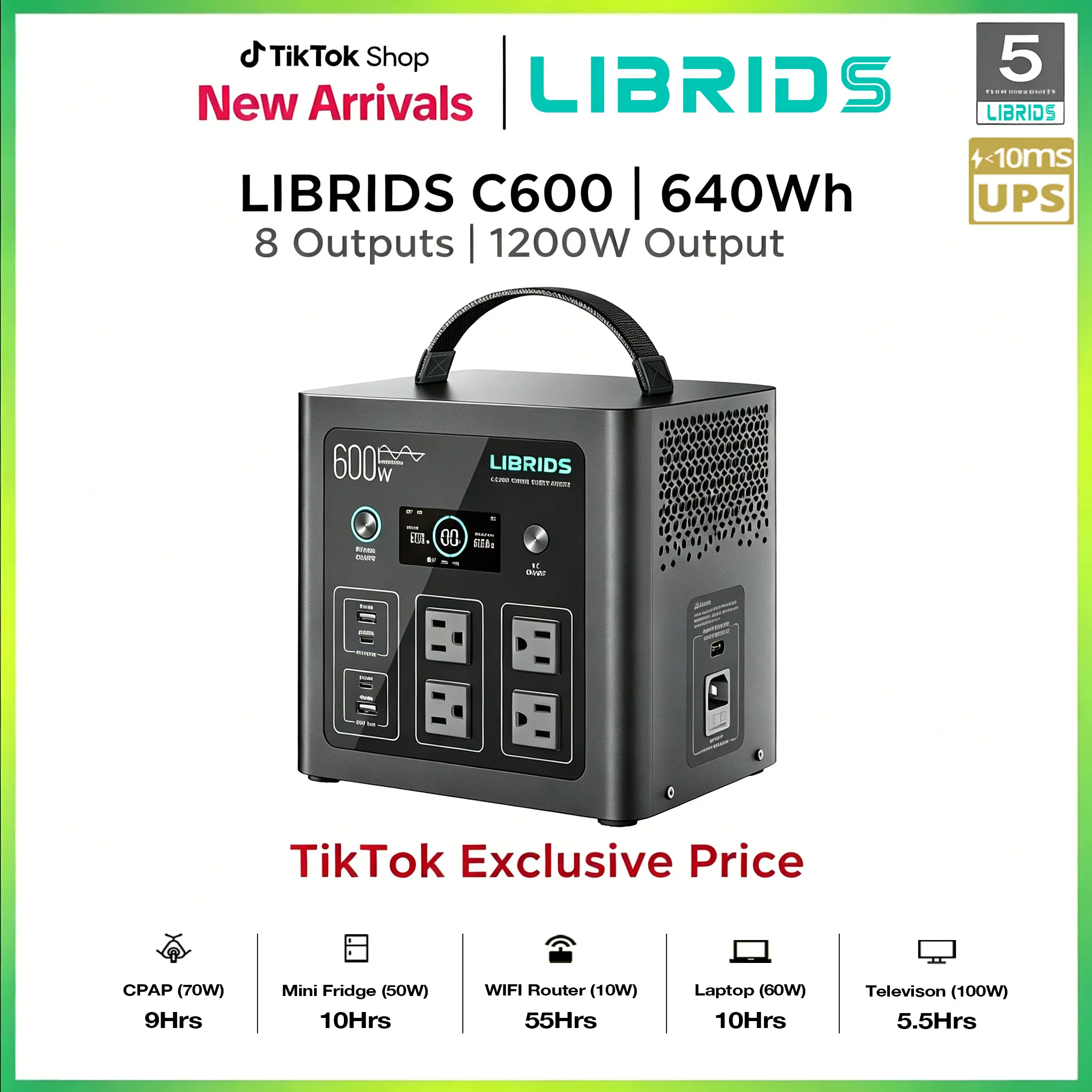 LIBRIDS C600 Portable Power Station for Home Backup,Camping ,Outages, Solar Generator,640Wh LiFePO4 Battery 8 Ports Ultra-Fast 0-80% Charging in 1Hr,Emergency Supply,Travel RVs Emergencies Gas Generator Alternative Charging Rechargeable
