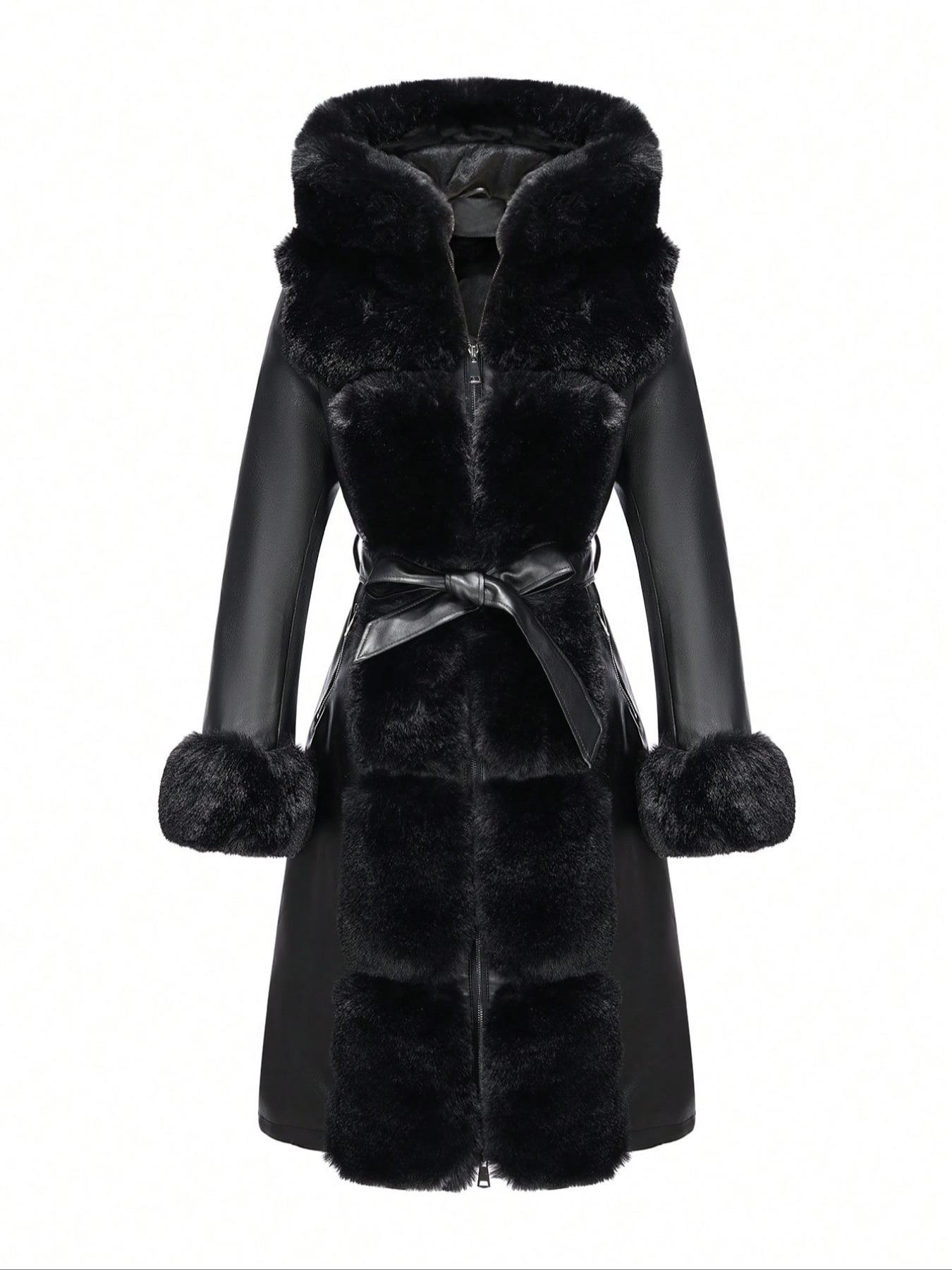 Women's Fall Winter PU Leather Jacket Coat, Contrast Faux Fur Hood Long Sleeve Fitted Casual Everyday Outerwear, Adjustable Waist Belt Design