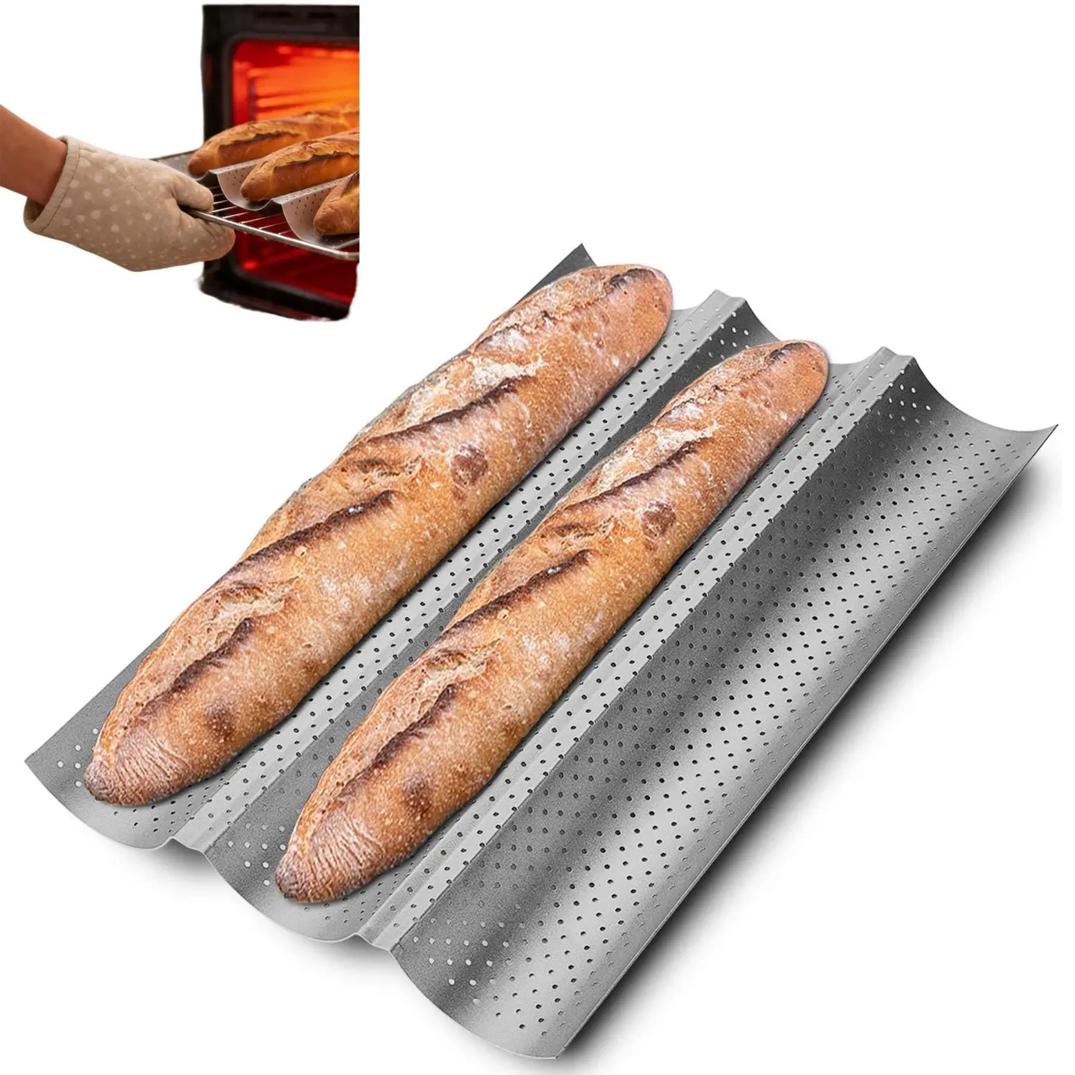 Non-stick baguette baking pan with holes, holds 3 baguettes, 15 inches x 9 inches, suitable for sourdough bread, Italian bread, submarine bread, perfect for making a crisp, golden-brown crust, Stainless Steel Baking Pans