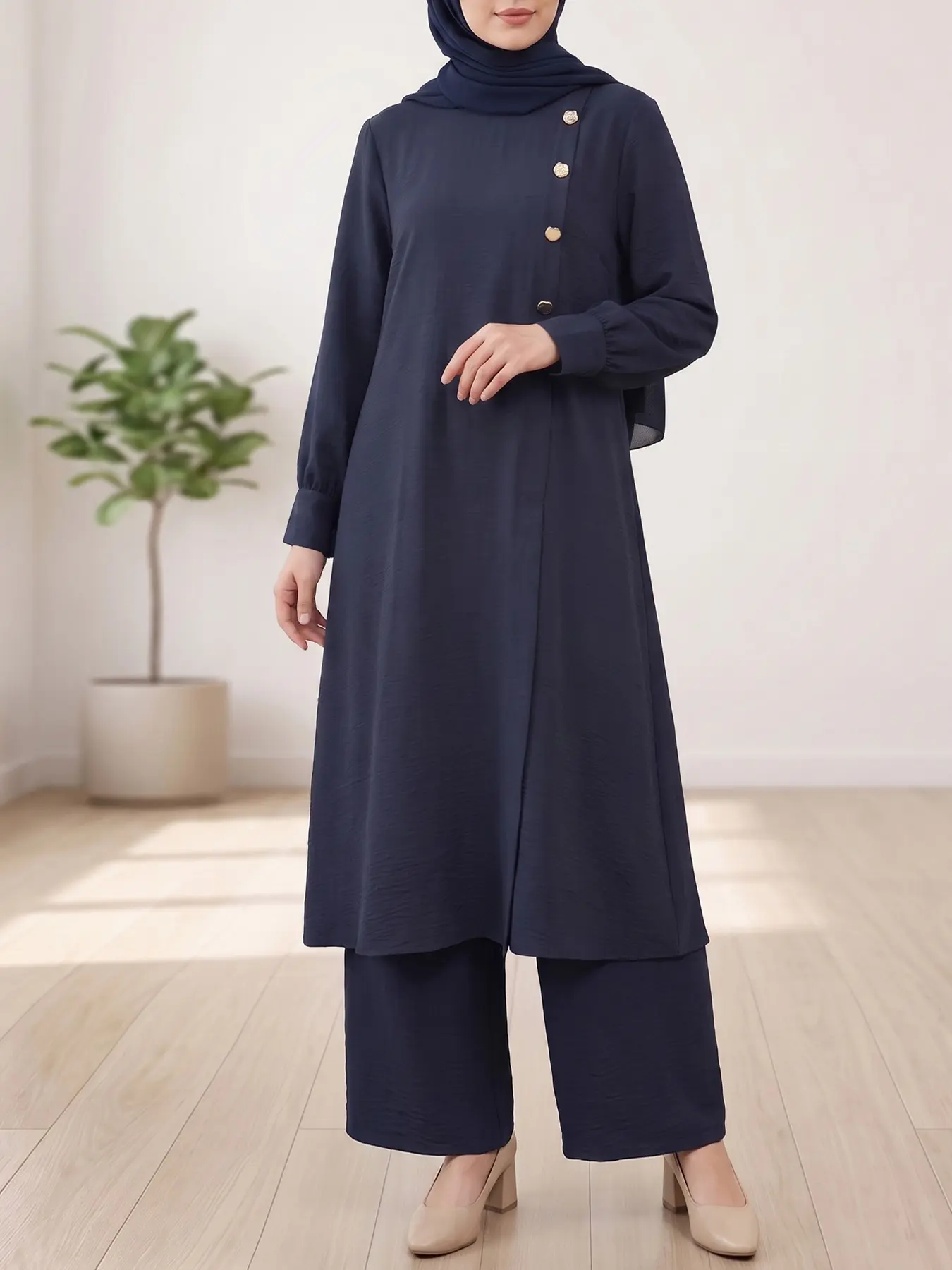 Women's Casual Suit Set Two Piece, Mid-Length Top with Split Design, Long Sleeve, Loose-Fit High Waist Pants, Ideal for Daily Wear