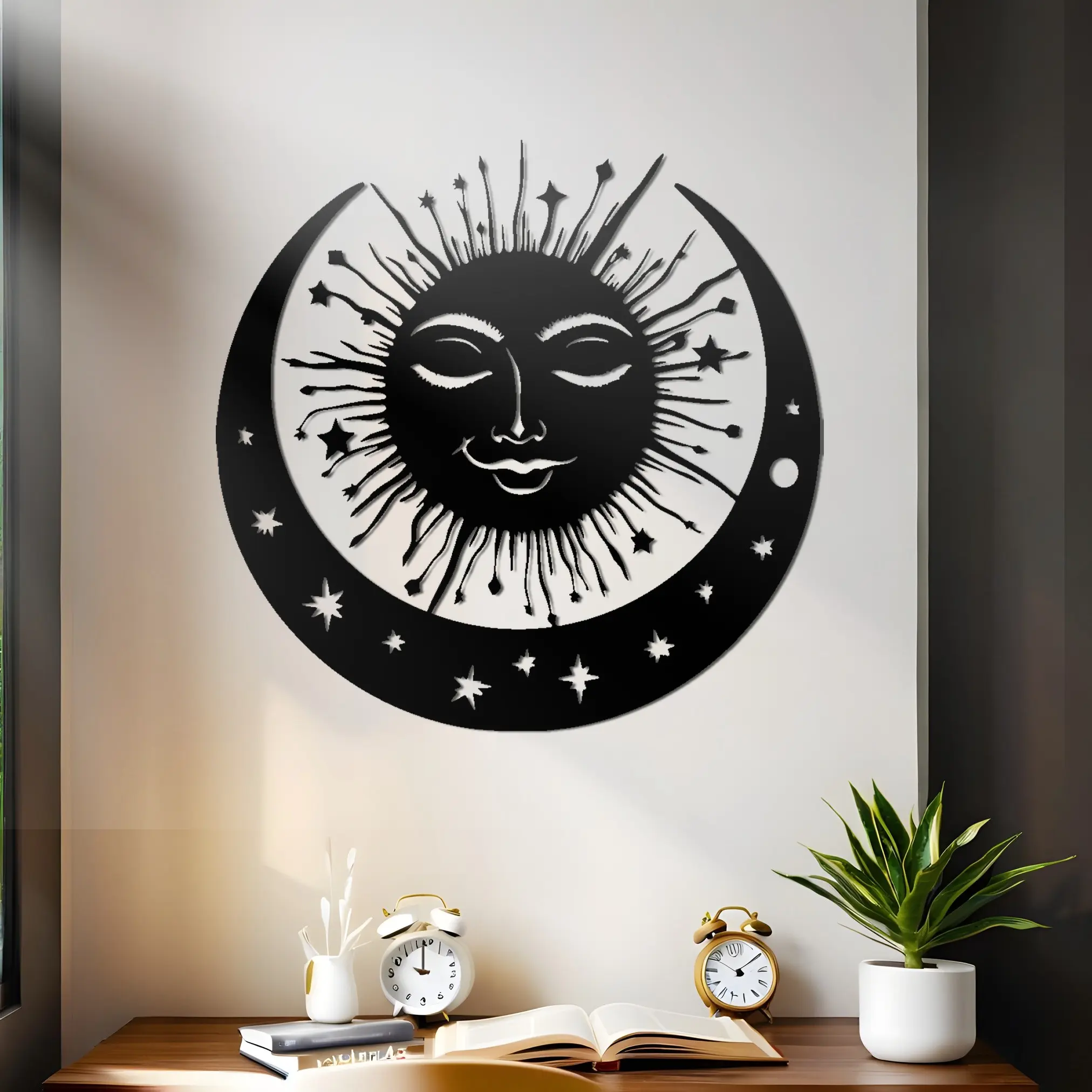 1pc Large Modern Bohemian Metal Wall Art - Laser-Cut Black Iron Smiling Sun, Crescent Moon & Stars Wall Decor - Heavy-Duty Horizontal Sun and Moon Design for Living Room, Bedroom, for home Office - Theme Iron Wall Sculpture