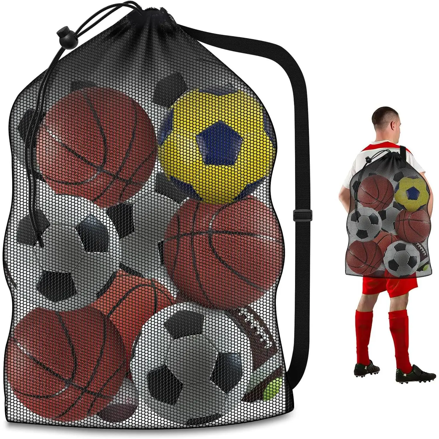 Extra Large Heavy Duty Breathable Mesh Sports Ball Bag - 40"x30" Holds 10-12 Soccer, Basketball, Football - Adjustable Shoulder Strap - Ideal for Coaches, Teams, Swimming Gear Storage