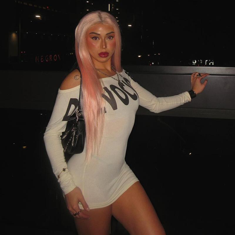 Women's Streetwear One Shoulder Long Sleeve Bodycon Dress - Letter Print Asymmetrical Mini Dress, Y2K Sexy Tight Clubwear track dress