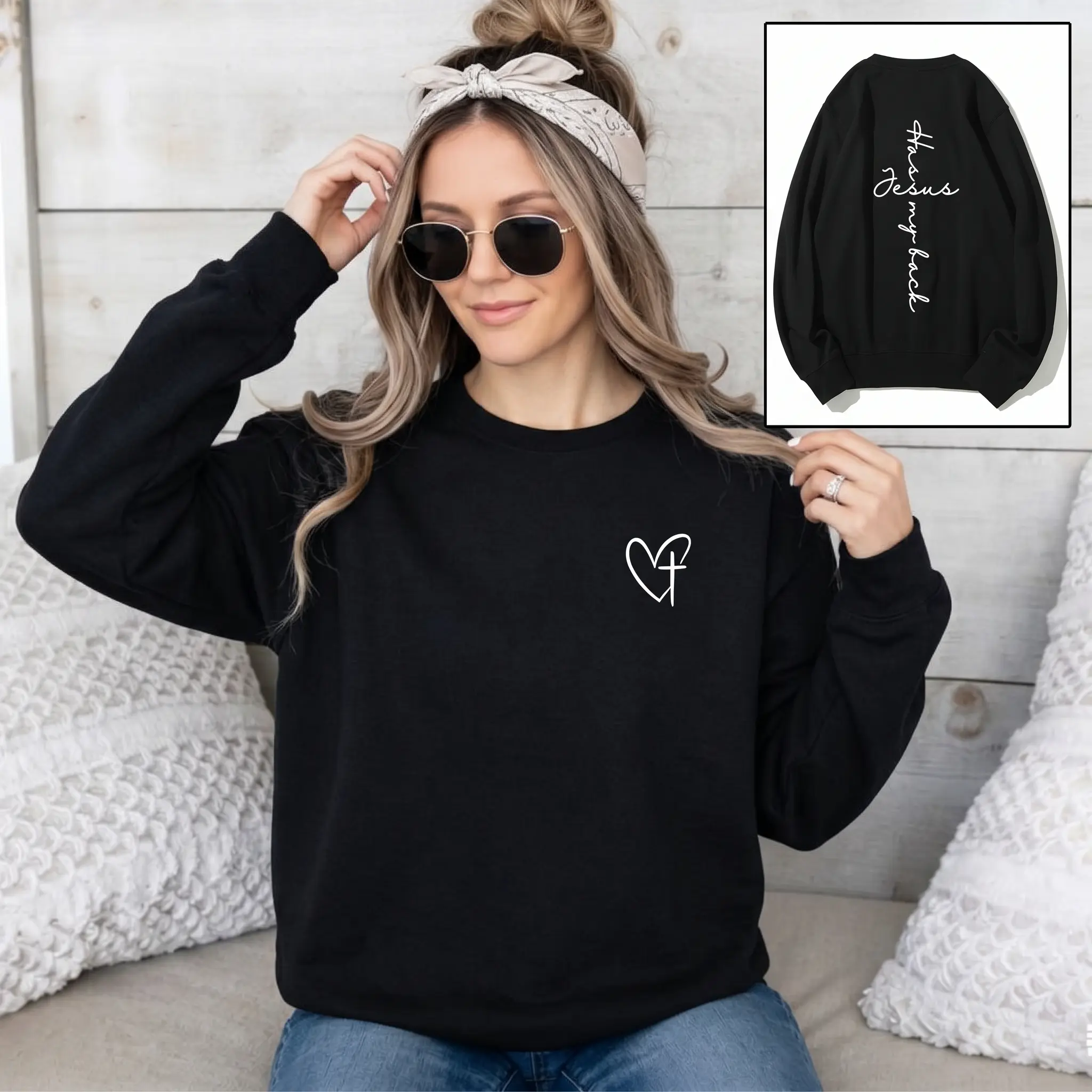 Women's Inspirational Christian Faith Oversized Crewneck Sweatshirt - Jesus Has My Back Cross Graphic Back Print, Long Sleeve Pullover, Solid Fashion Fabric, Comfortable Breathable Casual Top