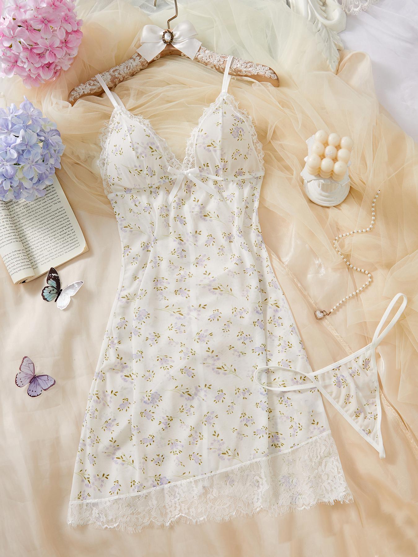 Women's Elegant Strapless Sleepwear Set, Floral Lace Cups, Adjustable Thin Straps, Soft High Stretch Fabric, Casual Waistband Pajamas