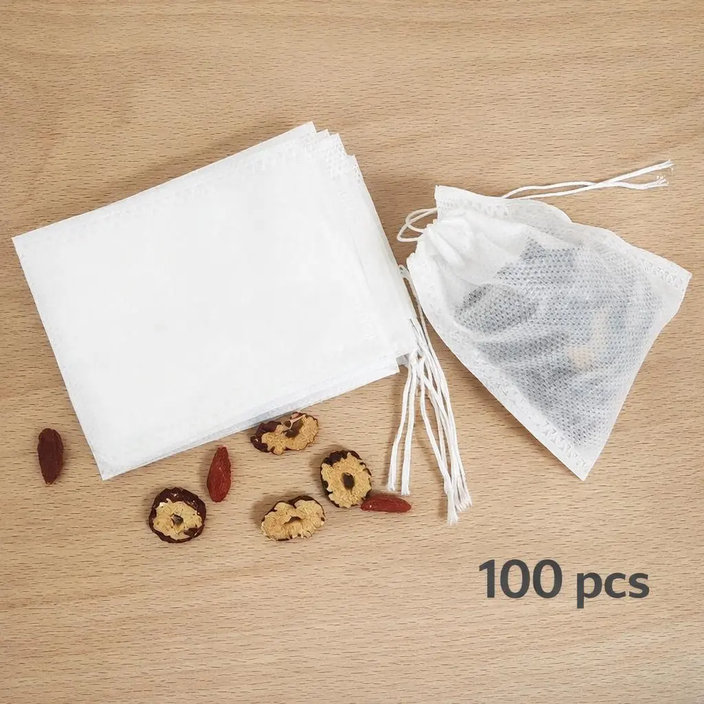100-Pack Disposable Small Mesh Drawstring Bags with Holes - Kitchenware for Cooking, Tea Coffee Filtering, Medicinal Liquor Soaking, Spices Storage