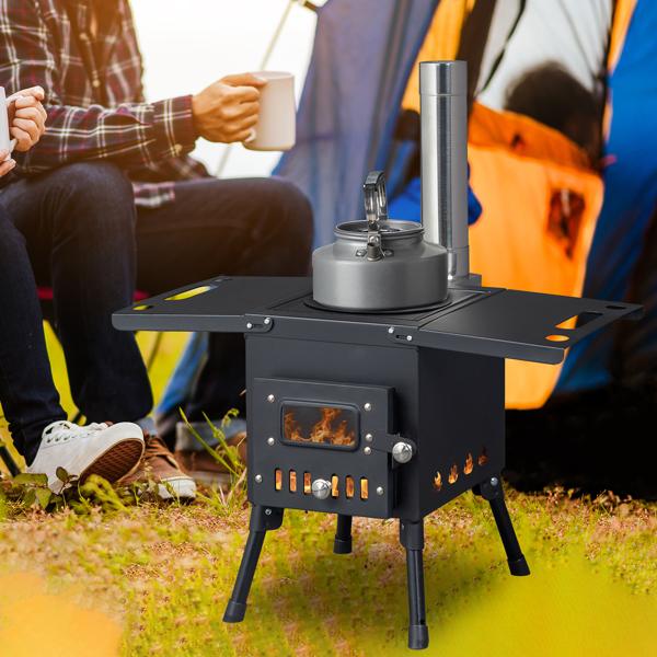Portable Wood Burning Stove for Tent & Camping, Carbon Steel Folding Heater with 3 Chimney Pipes & Fire Blanket for Ice Fishing, Hunting & Cooking