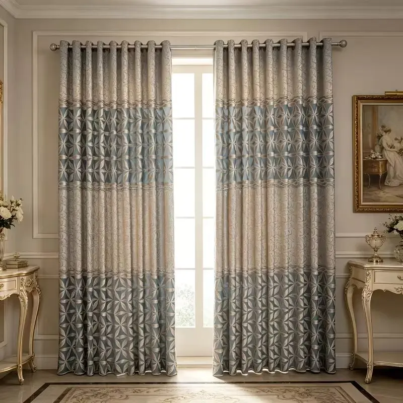 2pcs Modern Geometric Jacquard Blackout Curtains, Privacy Curtain, Top Ring Suspension, Living Room Floor-To-Ceiling, Bedroom Balcony, Study, Tea Room, Dining Room Decor