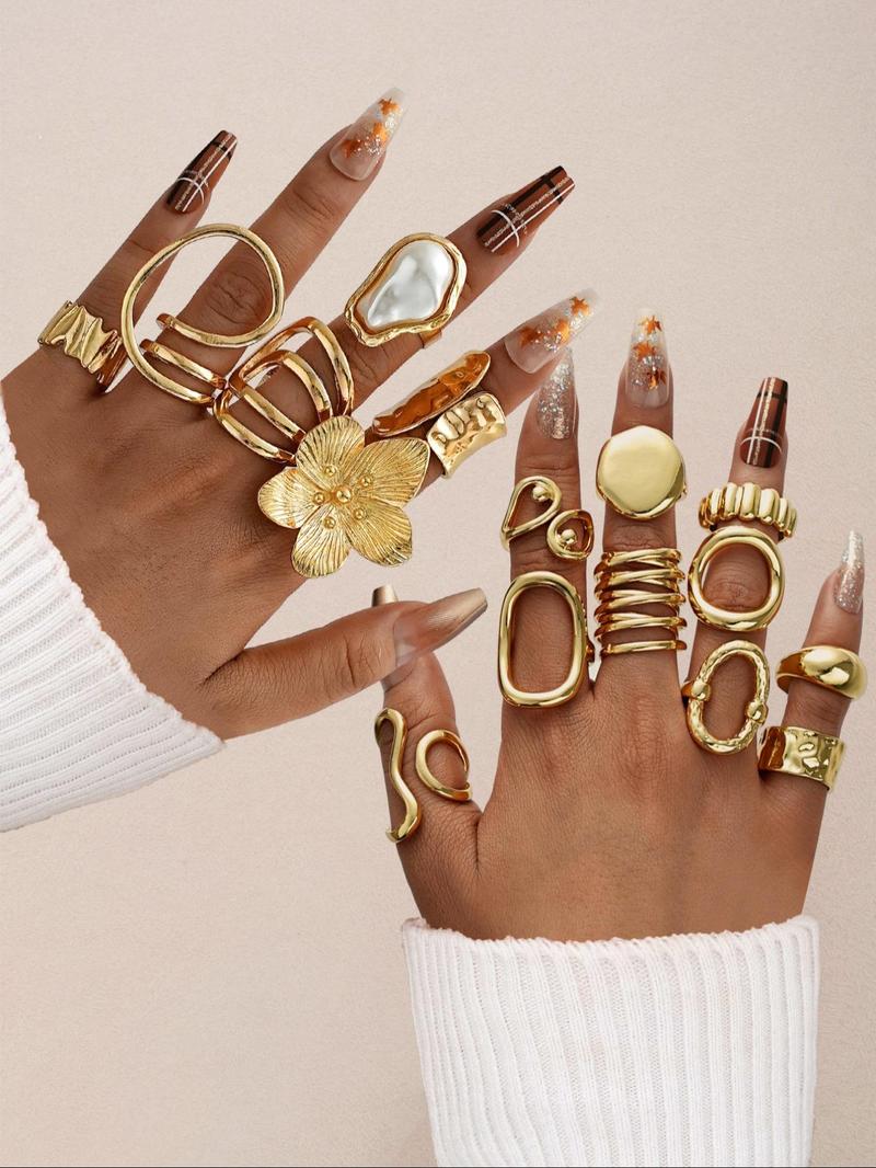 Women's Exaggerated Flower & Geometric Design Cuff Rings, Boho Style Rings, Elegant Exaggerated Stacking Rings, Fashion Jewelry for Party, Daily Clothing Decor, Trendy All-match & Exquisite Jewelry for Birthday Gift