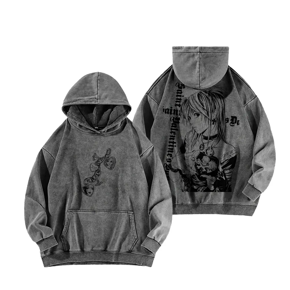 Men Women Multiple Color Vintage Distressed Washed Hoodie Misa Amane Death Note Double Sided Manga Print Streetwear Oversized Pullover Sweatshirt