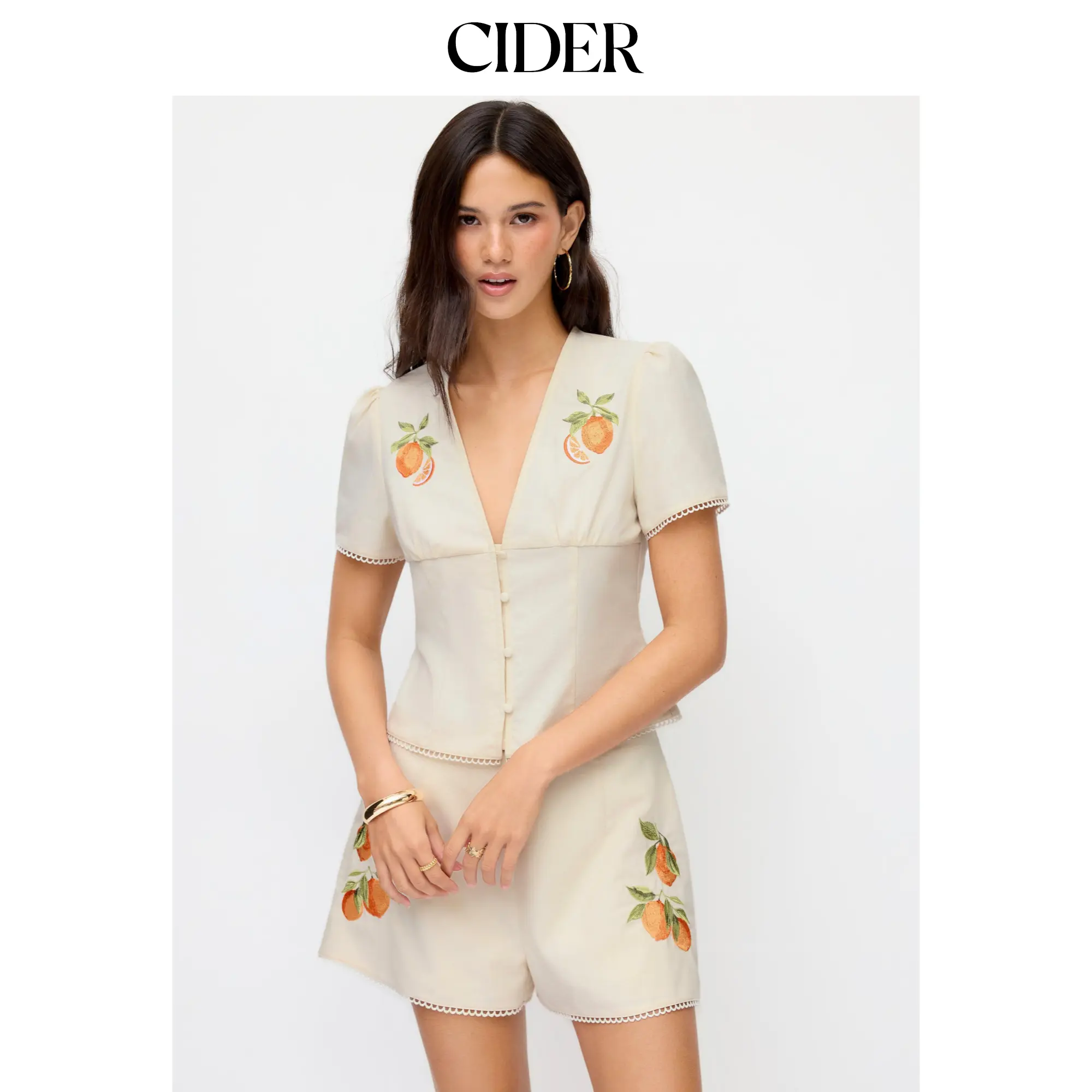 Cider Linen-blend Orange Graphic V-neck Leg-of-mutton Sleeve Embroidered Blouse