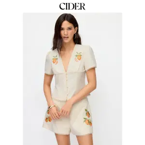 Cider Linen-blend Orange Graphic V-neck Leg-of-mutton Sleeve Embroidered Blouse Dealsforyou