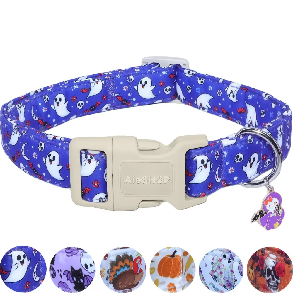 Halloween-themed dog collar printed with ghosts, soft and wear-resistant cotton collar with skull pendant, adjustable comfortable pet collar with quick-release buckle, Adjustable collars, suitable for dogs of all sizes, Halloween gift for furry babies