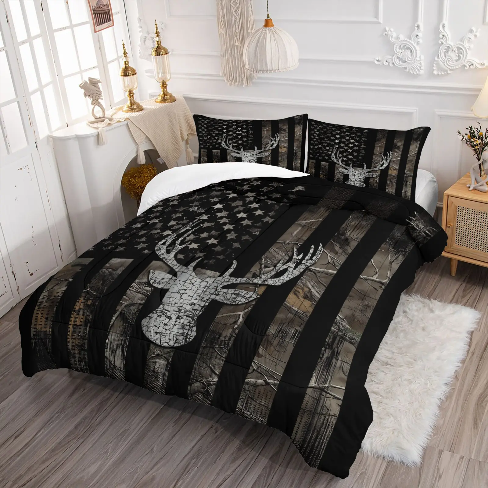 American Hunting Style Camo Deer Head Comforter Set, 1-2 Coreless Pillowcases, Designed With Black Background, Star-Spangled Banner Patterns, Soft Fluffy & Comfortable Fabric, Vintage Industrial Style Bedroom Decor, Theme Bedding Set