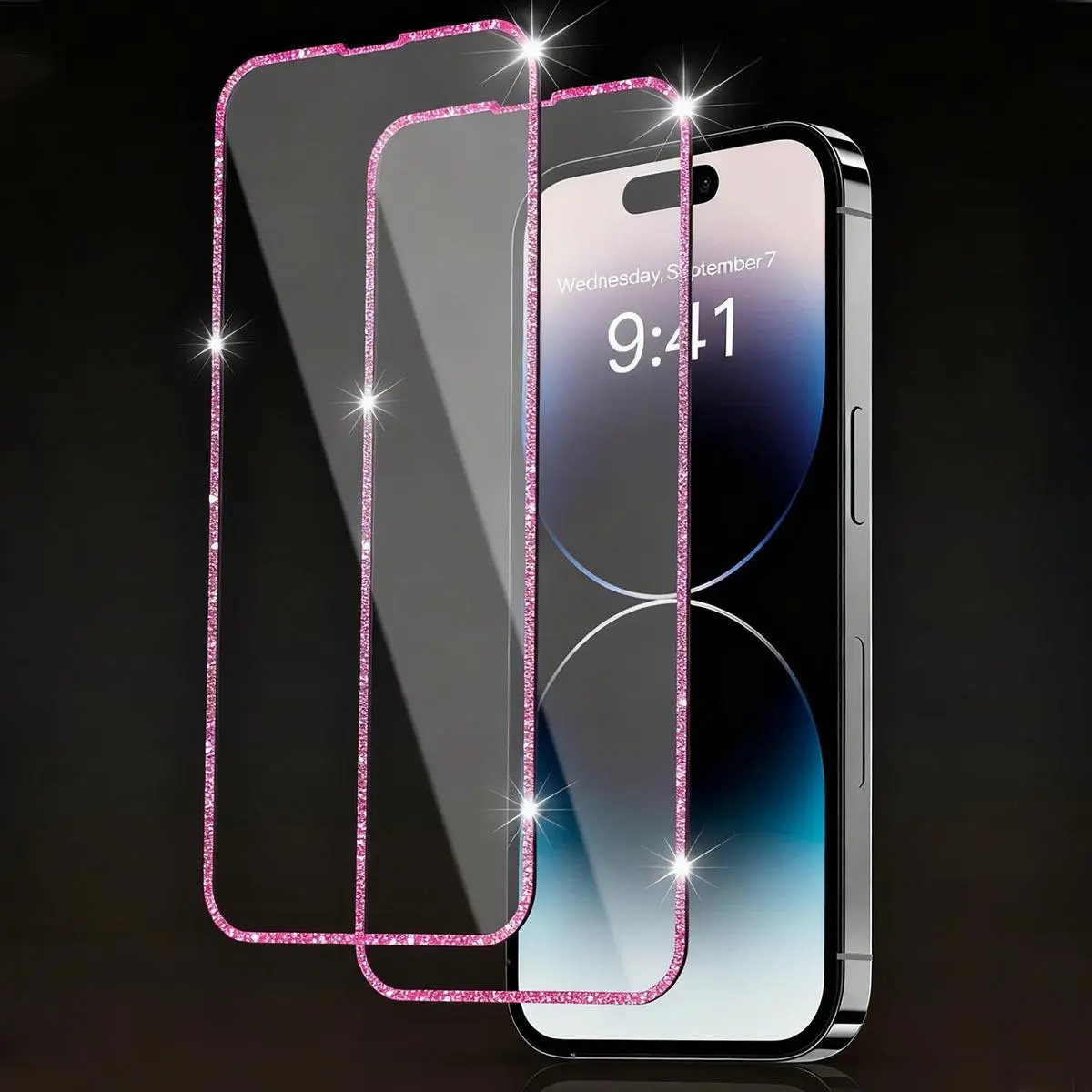 Two Pieces (Pink Glitter HD) Compatible with for Iphone, Sparkling Diamond Edge Screen Protector in Pink, High Definition, Drop-Resistant, Suitable for Fashionable Phone Additions for Iphone 11/12/13/14/15/16/17 Series, Easy to Install