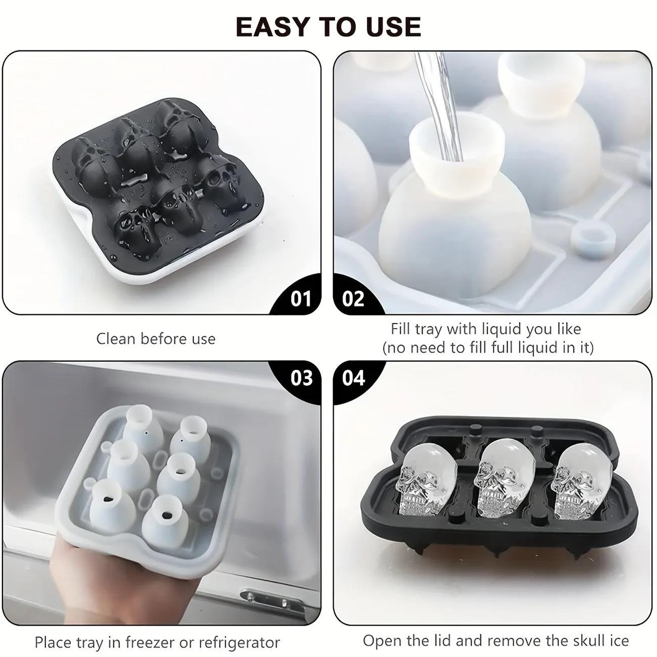 Skull-shaped ice cube molds, silicone ice cube trays, BPA-free freezer molds for making creepy skulls Ice Hockey, whiskey-mixed ice cubes, perfect for soft drinks, coffee, soda, kitchen restaurants, Halloween parties ,Black Utensils