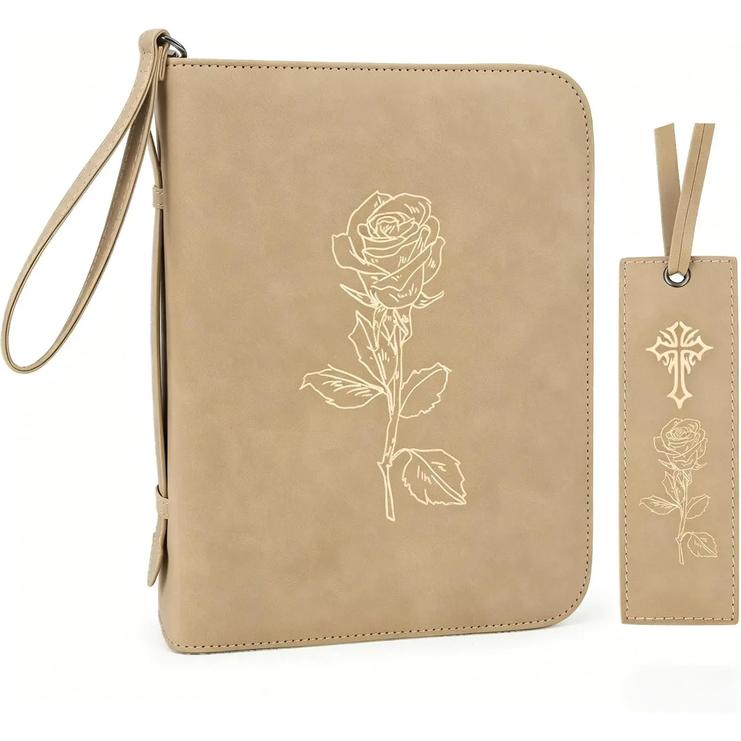 Leather  Cover for Woman & Men, Women’s  Case with Rose Bookmark Supplies-Girls Carrying Bag Tote with Strap, Personal Size Book Organizer for Journaling -Khaki