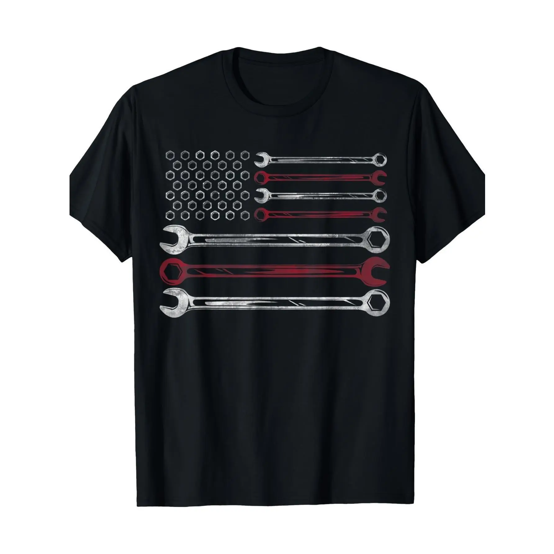 100% Cotton Patriotic Mechanic T-Shirt - American Flag & Tools Design, Casual Crew Neck, Machine Washable - Ideal Gift for Car Repairmen