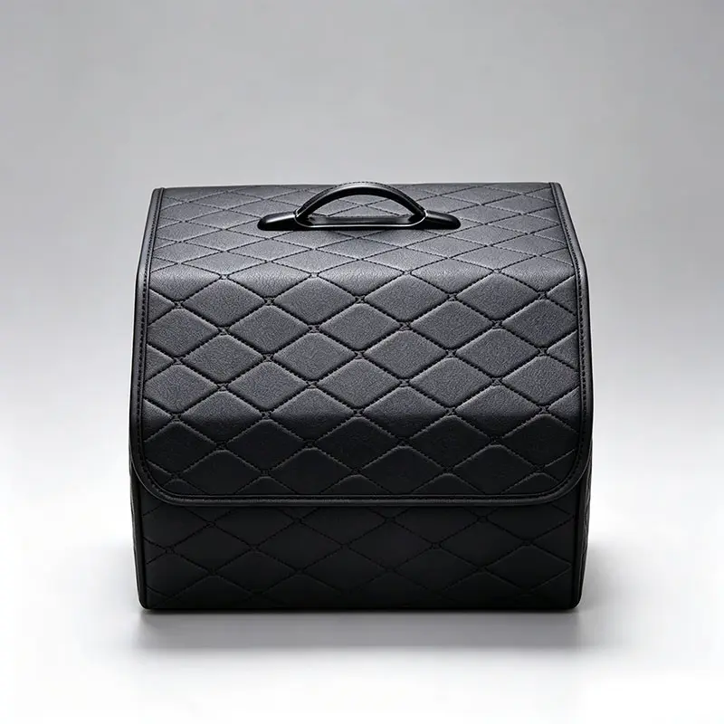 Small PU Leather Foldable Car Trunk Storage Box, Trunk Organizer with Lid, Durable Dust-Proof Large Capacity Rear Compartment Organizer, Universal Vehicle Cleaning Supplies