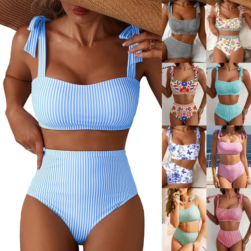 2026 New Striped Two Piece Bikini Set, Tie Strap Top High Waist Bathing Suit, Women Fashion Beach Swimwear