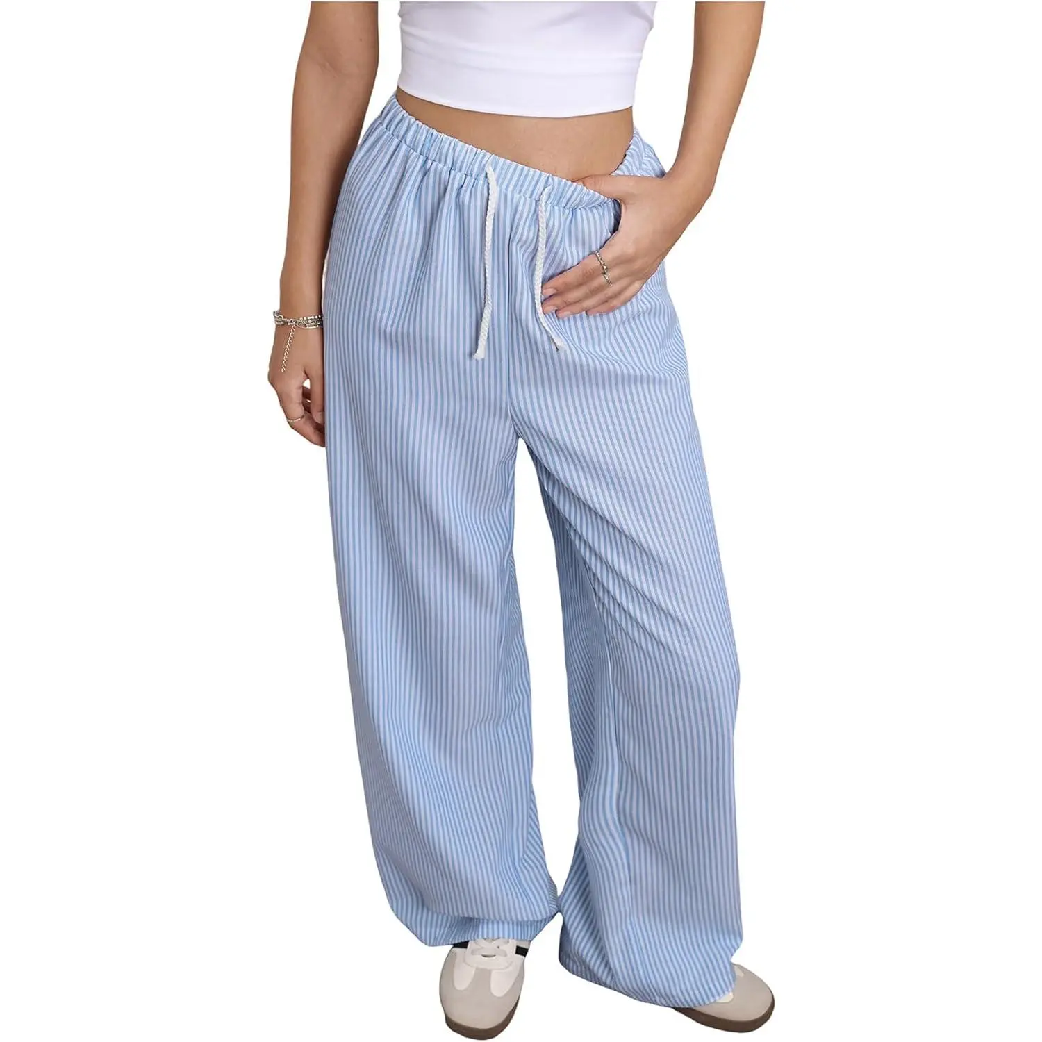 Women's Striped Linen Wide-Leg Pants, Drawstring Waist, Slant Pockets, Casual Long Pants, Linen Pants