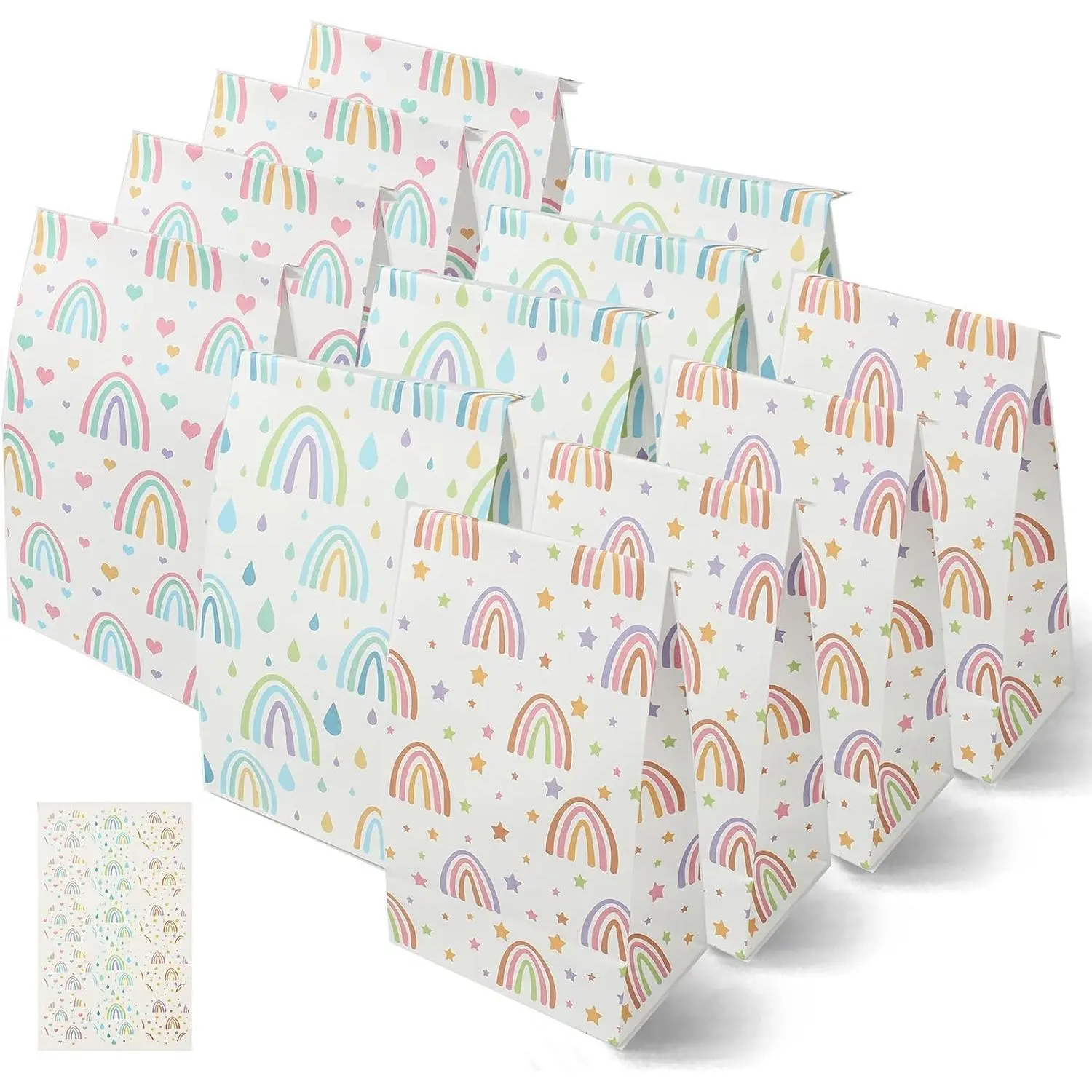 24 count Rainbow  Bags With Stickers, Cute Paper  Bags Small Size 8.7x5.1x3.1 Party Favors Bags Bulk Mini   Bag for Wedding Rainbow  Girl Birthday