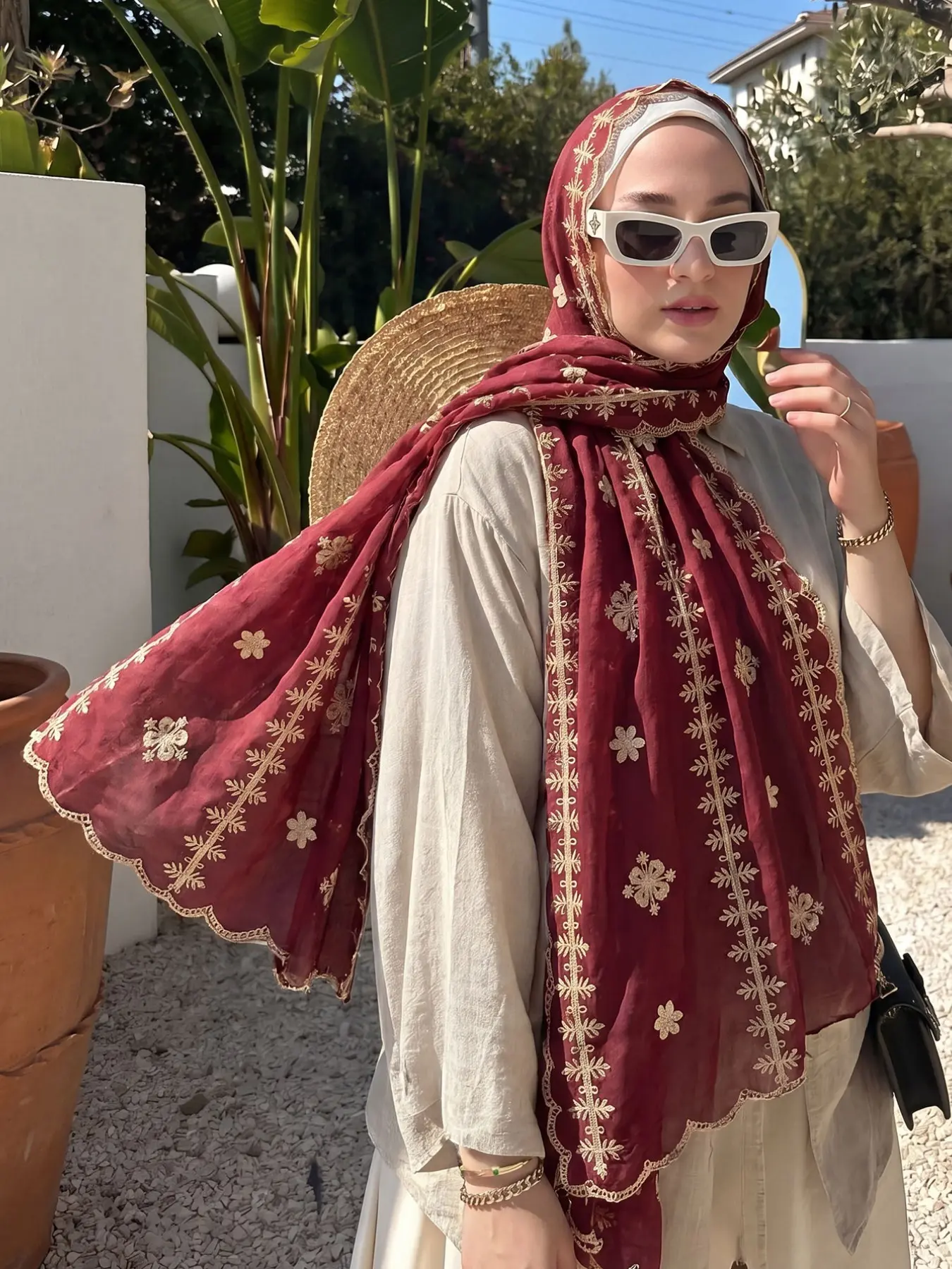 Elegant Floral Embroidered Long Scarf, Women's Summer Hijab, Breathable Lightweight Sun Protection, Versatile Fashion Accessory